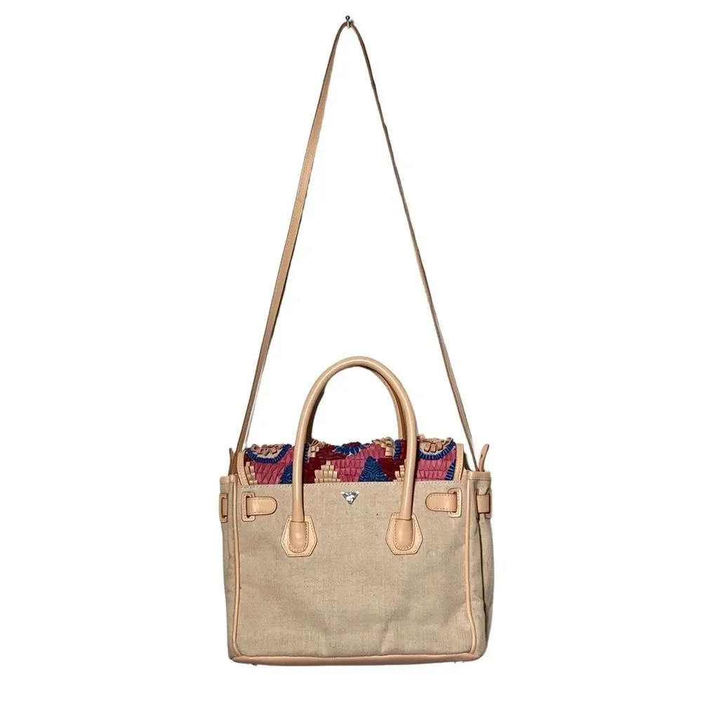 Sam Edelman Sylvia Floral Leather Jute Satchel Boho Convertible Tote